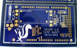 Front of a bare skunk v1 board.  Photo by Cambridge Circuit Company
